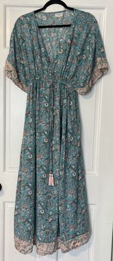 World Market Kaftan Maxi Dress Small/Medium Green Floral Boho Tassel Beach Waist